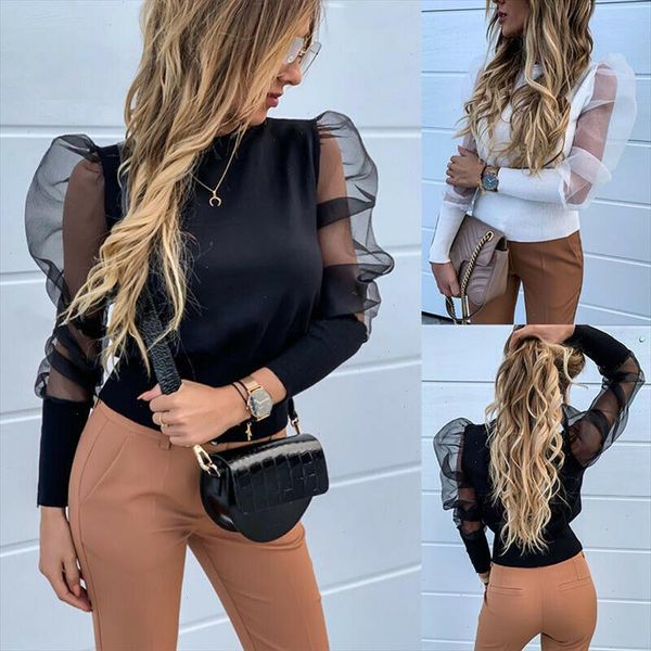 

modis women transparent white blouses mesh sheer puff long sleeve shirts chiffon knitted ladies autumn winter clothes