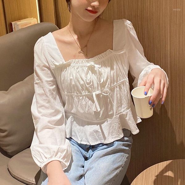 

square collar chiffon blouse women french retro shirts ruffle puff sleeve korean style fashion solid female clothing autumn 20201, White
