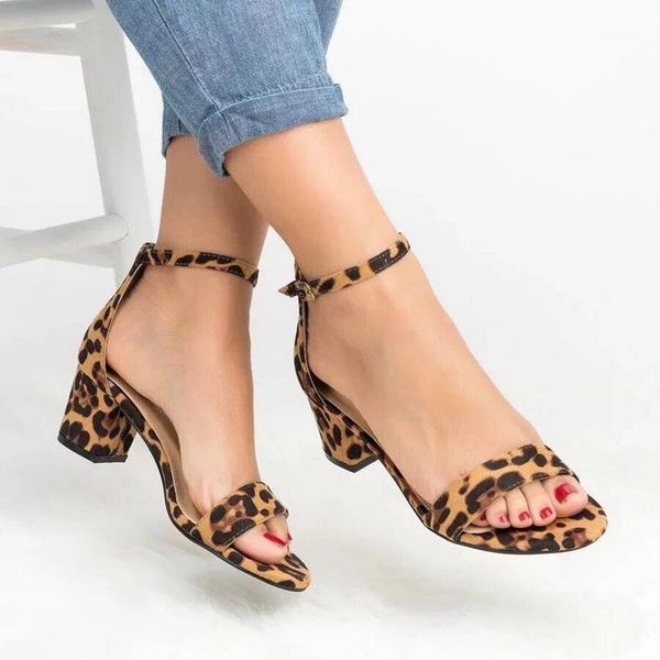 

ankle strap heels sandals 2020 leopard print women summer shoes open toe chunky high heels party dress sandals women pumps #, Black