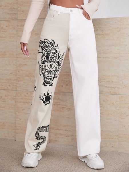 

high waist color block chinese dragon print jeans 112c#, Blue
