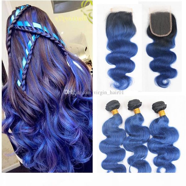

blue ombre hair bundles with lace closure two tone 1b blue human hair weaves with lace closure brazilian virgin human hair bundles, Black;brown