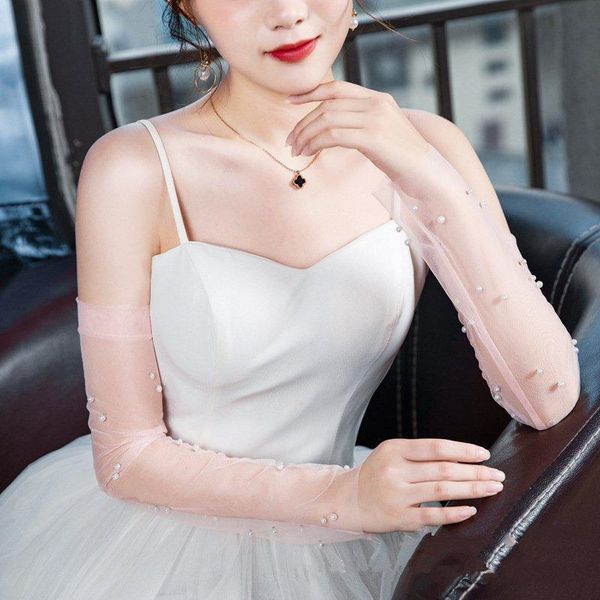 

solid color sheer womens ultra thin gloves tulle elbow long wedding bride dress sleeve gloves with pearls transparent glove h jllcfx, White