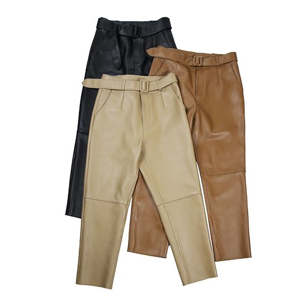 

high end genuine leather long womens pants designer belt capris 100% sheepskin skirts 7899, Black;white
