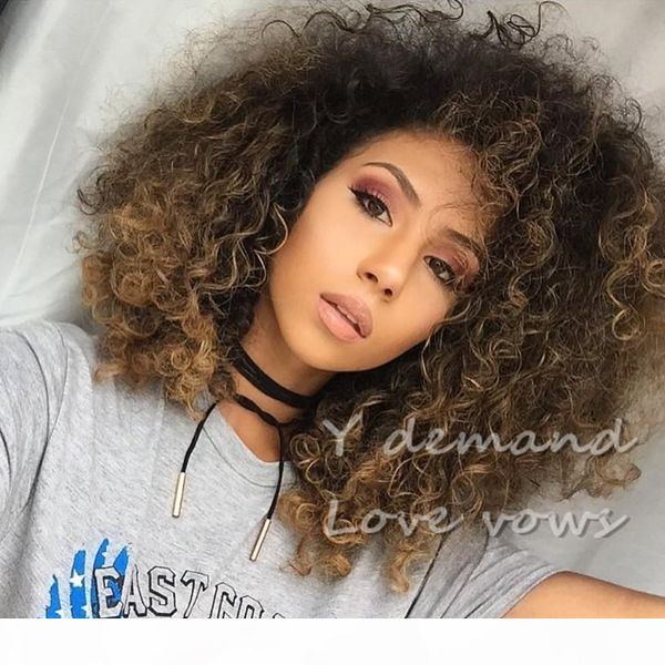 

ombre short brown fluffy kinky curly hair afro wig siulation brazilian human hair wigs full wigs in stock y demand, Black