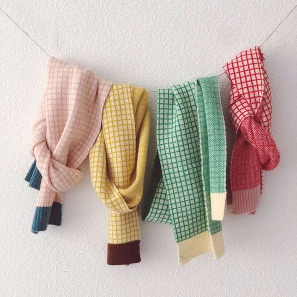 

knitted wind ins contrast plaid scarf children's cover autumn winter long color matching boys and girls wool neck eche, Red;brown