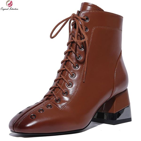 

boots original intention quality women ankle real leather square toe heels black brown shoes woman us size 4-10.5