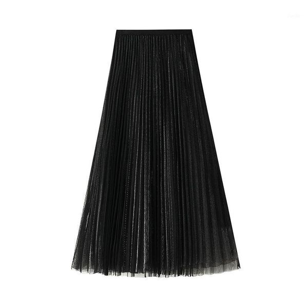 

mesh skirt women's long spring korean-style high-waisted slimming drape mesh pleated skirt1, Black