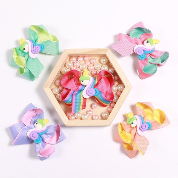 

10pcs licorne barrettes children hairpins infant baby toddler girl hair bow hair clip ribbon bows girls cartoon hairpins rainbow, Slivery;white