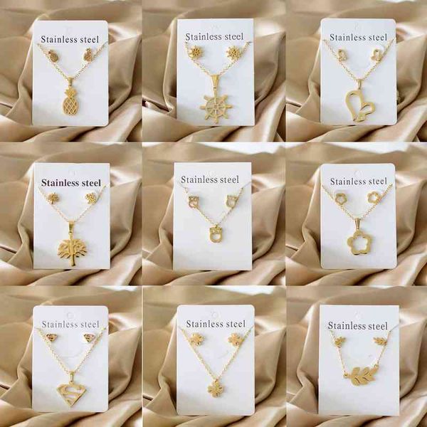 

animals plants flowers butterfly pendant necklace earrings sets stainless steel for women gold color trendy wholesal, Golden;silver