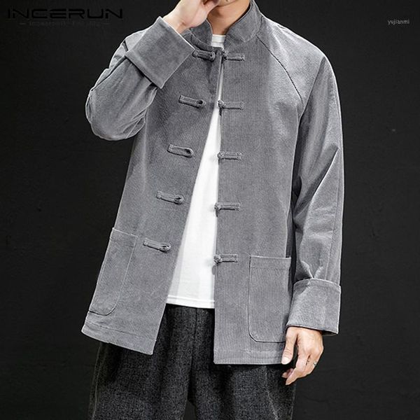 

incerun autumn fashion men pure color long sleeve corduroy shirt jackets retro joker buckle mens casual blouse chinese costume 71, White;black