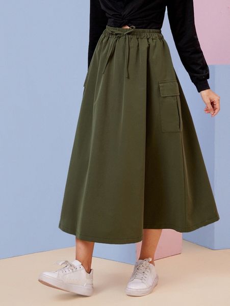 

drawstring waist flap pocket skirt e0kz#, Black