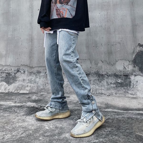 

2021 new ankle buttons solid color washed jeans for men high street straight frayed retro pencil pants harajuku loose denim trousers 5nk7, Blue