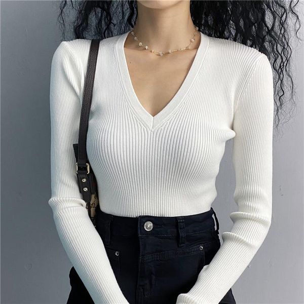 

autumn new v-neck slim-fit slim long-sleeved temperament interior sweater for women, White;black