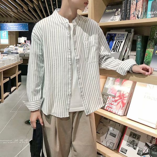 

2019 summer new trend casual striped cardigan long sleeve shirt thin slim men's wear, White;black