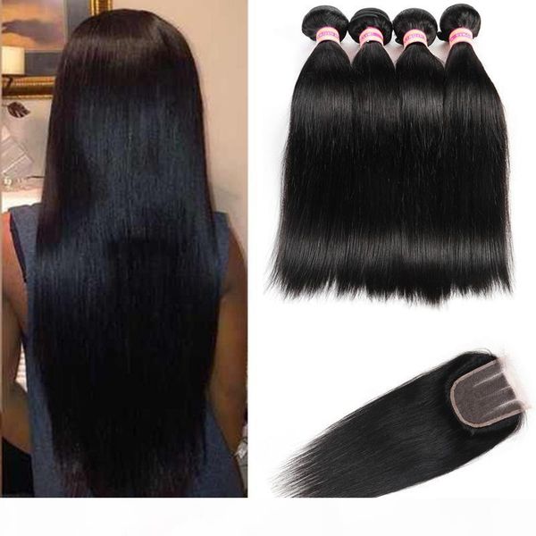 

brazilian virgin hair with closure human hair with closure straight hair weaves 3 or 4 bundles with closure, Black;brown