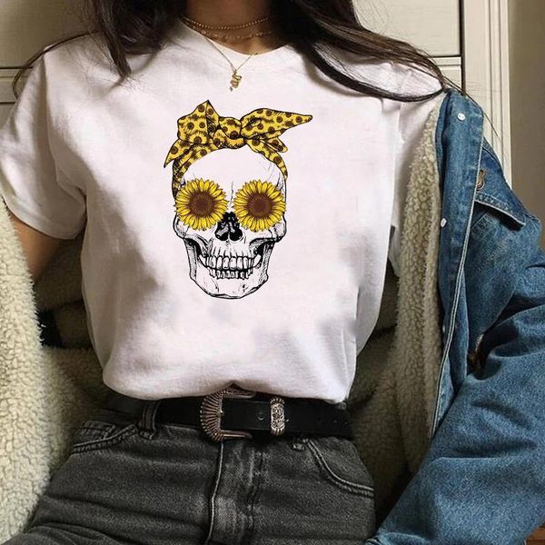 

womens graphic sunflower bow skull funny happy halloween cute fall autumn printed t-shirt shirt female tee shirt women, White