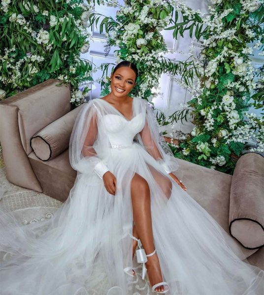 

vintage wedding dresses 2021 a-line wedding dress africa bridal gowns plus size long sleeves pears high split tulle buttons custom made, White