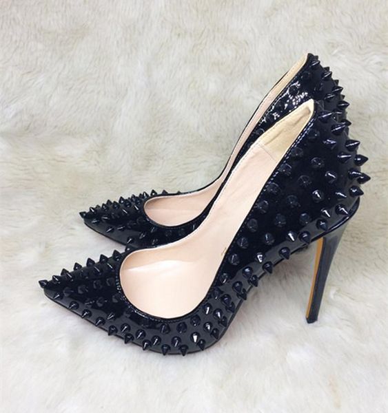

dress shoes 2021 fashion black patent leather spike poined toe stiletto high heel shoe pump high-heeled 12cm