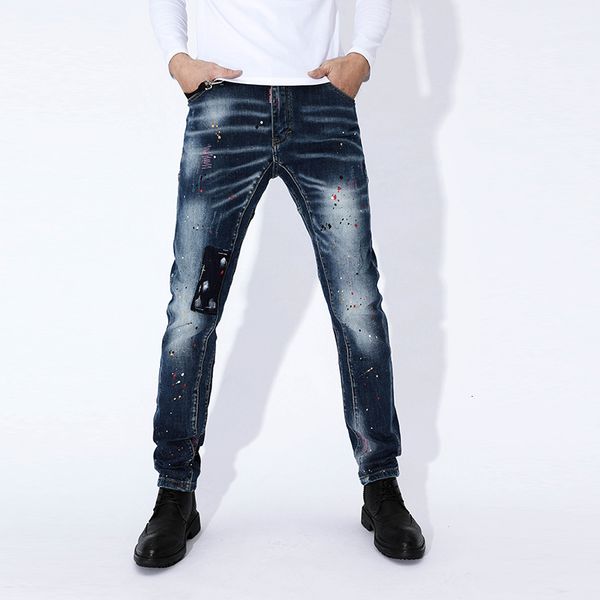 

2021 new men's jeans for men painted thin stretched hip pants hip-hop embroidered blue spring mw7z