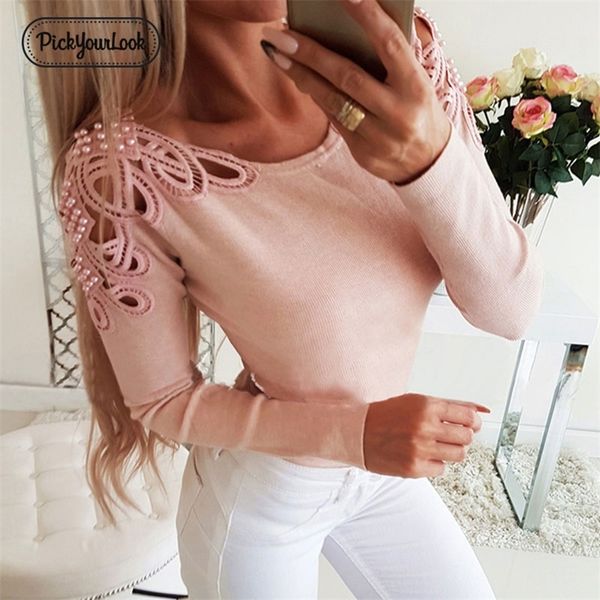 

pickyourlook knitted women sweater hollow out autumn pearl female jumper knitwear long sleeve solid ladies knitwear blusas 201224, White;black