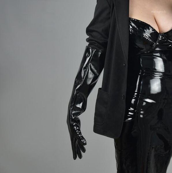 

five fingers gloves women' patent pu leather shiny black long female runway fashion driving glove 50cm tb8601, Blue;gray