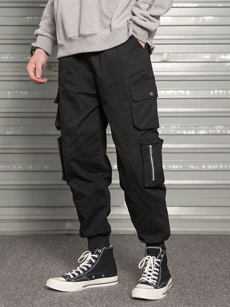 

1pc side flap pocket zip detail cargo pants c5tw#, Black