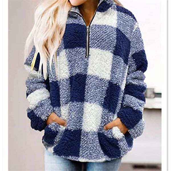 

women autumn winter full sleeves blouse loose thickened plaid zipper high-neck pullover with plush hoodie jacket female coat e122904, White