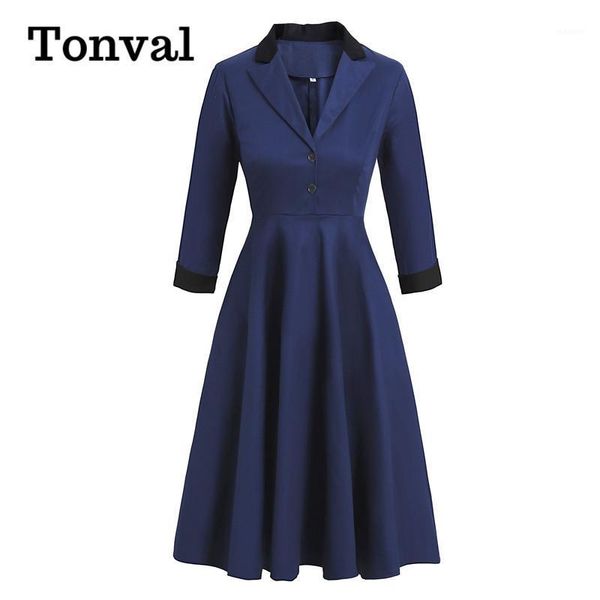 

tonval navy blue notched collar button high waist vintage robe women swing dress autumn 3/4 length sleeve office dress elegant1, Black;gray