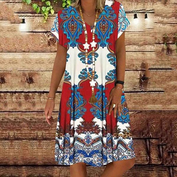 

s 5xl plus size dress summer women vintage printing short sleeve a line midi dress retro printed loose fit beach casual 25, Black;gray