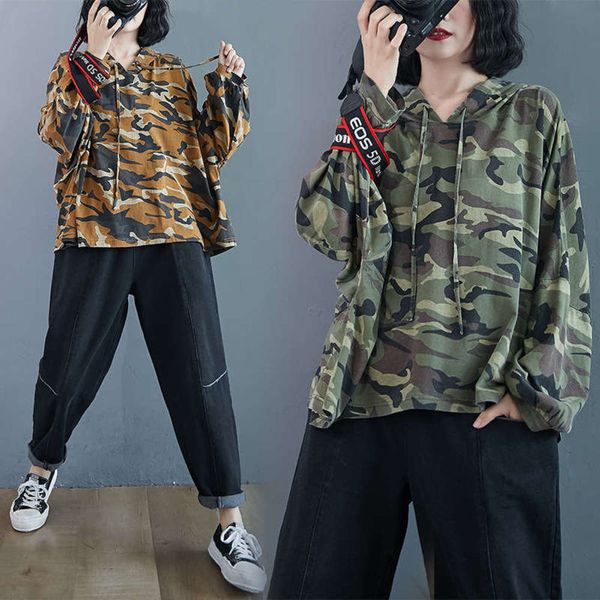 

sweater large size old hooded washed camouflage women's long sleeve loose thin top, Black