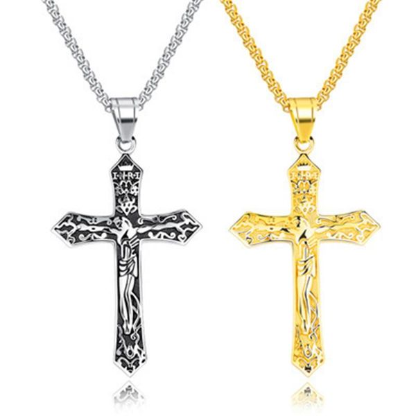 

chains cross christ jesus pendant necklace stainless steel link byzantine chain heavy men jewelry gift, Silver