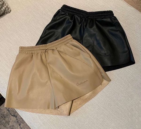 

autumn and winter 2020 new pu shorts high elastic waist embroidery drawstring leather pants women f6329, White;black