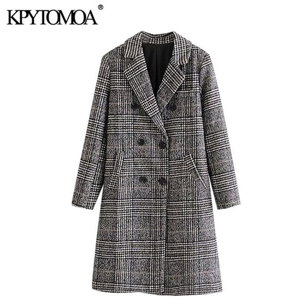 

kpytomoa women fashion double breasted houndstooth woolen coat vintage long sleeve back vent female outerwear chic overcoat 201103, Black