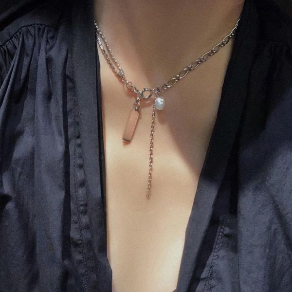 

korean fashion stainless steel pearl pendant necklace women punk harajuku cuban chain cute choker necklace hip hop jewelry gifts, Silver