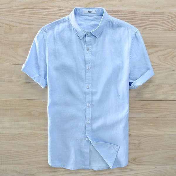 

new arrival 2018 summer short sleeve linen shirt men brand fashion men shirts flax turn-down collar sky blue shirt mens chemise, White;black