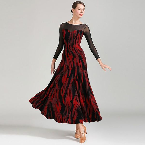 

stage wear h2550 modern dance dress women ballroom national standard costume professional practice performance long sleeve dresses, Black;red