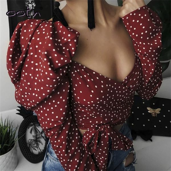 Sexy Crop Top Backless Polka Dot Shirts Frauen Lace Up Red V-Ausschnitt Puff Sleeve Woven Damen Bluse Herbst Sommer Streetwear LJ200812