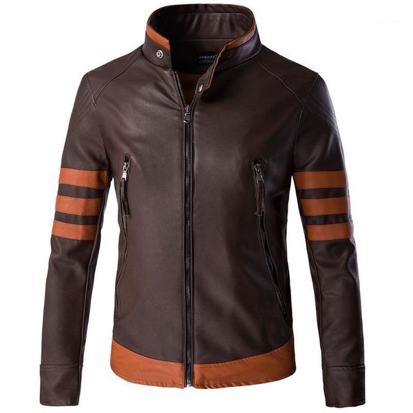 

leather jacket 2020 new stand-up collar slimmer zipper pocket men's leather jacket patchwork ply-size motorcycle men1, Black;brown