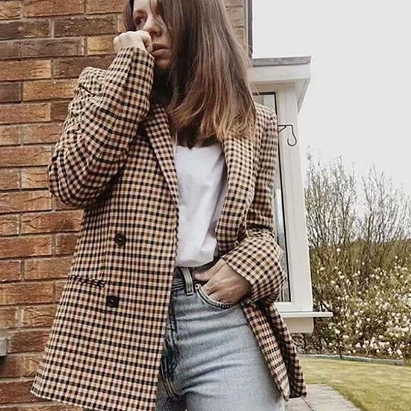 

2021 womens and blouses double breasted plaid blazer long sleeve slim blazer casual autumn jacket female, White;black