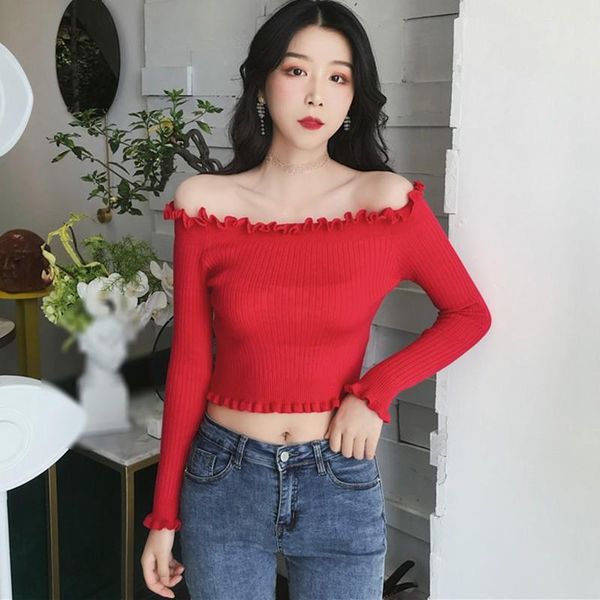 

red women sweater spring solid shoulder off jumper office long sleeve knitted sweater elastic pullover pull femme, White;black