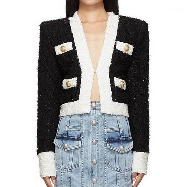 

2020 designer jacket women's black white contast color shimmer tweed short jacket1, Black;brown