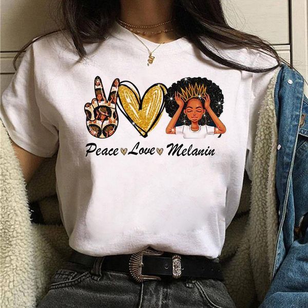 

women t-shirt harajuku peace love melanin t shirt women short sleeve tee cute tee shirt 90s girls female graphic t-shirts, White