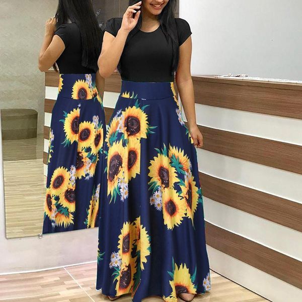 

women summer short sleeve sunflower print sundress casual swing dress maxi dress clothes elegant beach vestido de festa longo, Black;gray