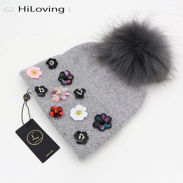 

beanie/skull caps design winter womens wool hat with big real fur pom knit beanie hats soft floral pattern skullies for women ladies, Blue;gray