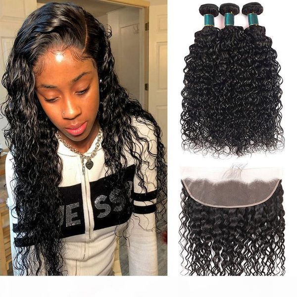 

brazilian water wave bundles with frontal peruvian malaysian remy human hair weave 3 bundles with 13*4 lace frontal wet and wavy, Black