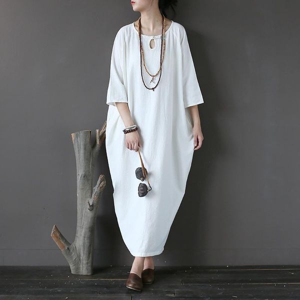 

vintage chinese style cotton linen women dress plus size loose casual midi long dress solid red white purple robe vestidos a244, Black;gray