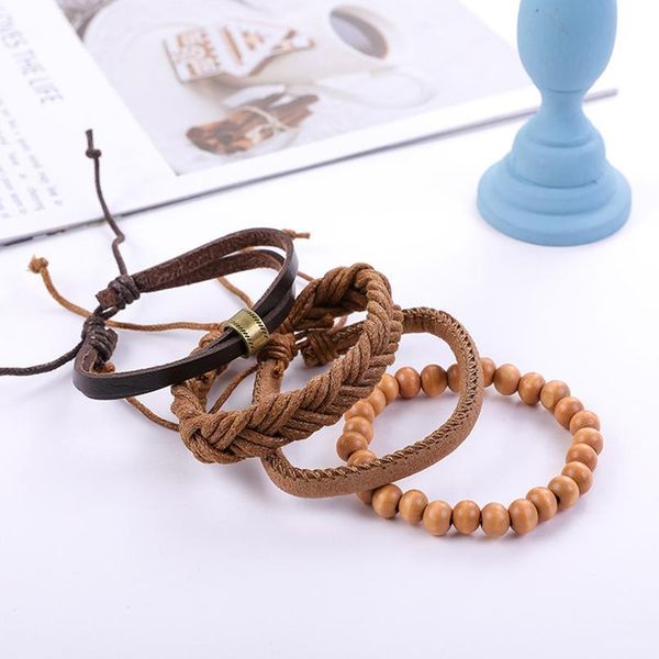 

eif dock ethnic 4 pcs/set wood beads charm handmade woven men leather bracelets women vintage bangle male homme jewelry qylrle
