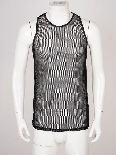 

2021 man sport shirt breathable hollow out see-through mesh tee sleeveless male sport gym cycling running fitness vest top, Black;blue