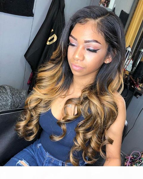 

ombre highlight wig human hair blonde 13x6 lace frontal human hair pre-plucked brazilian middle ratio t part lace wavy remy hair wigs 150%, Black;brown