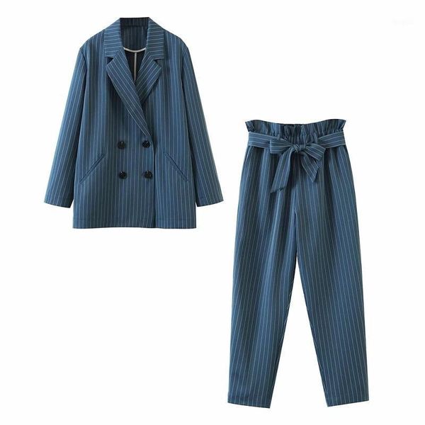 

2020 new autumn casual women's office blazer pants two-piece suit all-match striped double row ladies jacket slim trousers1, White